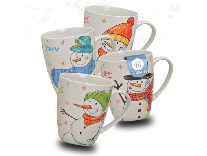 Schöne Weihnachtstassen im 48 Stk. Karton - große 300 ml Kaffee-Tassen mit lustigen Schneemann Weihnachtsmotiven