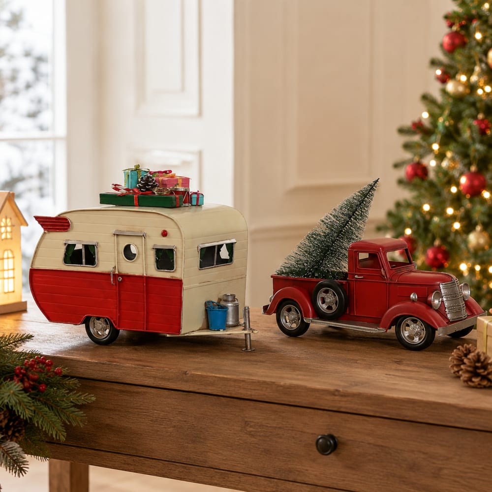 NIYLO Decoración vehículo caravana de navidad de acero rojo 73x19x28 cm
