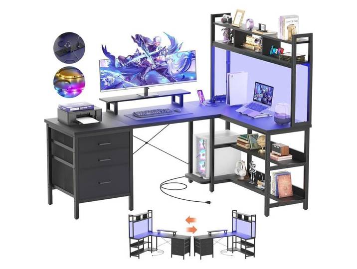Bureau en L avec clapier Bureau Gaming avec éclairage LED Bureau d'ordinateur réversible avec Prise de Courant Bureau Noir