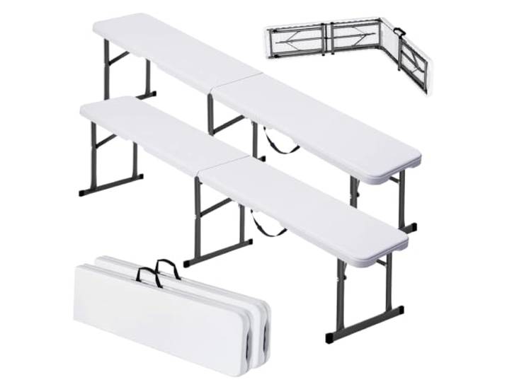 VEVOR Banc Pliant en Plastique\, 1820 mm\, Banc d'extérieur Pliable Portable\, Lisse en PEHD imperméable\, siège de Pique-Nique\, de Salle à Manger avec poignée de Transport\, pour Jardin\, Blanc (2 pièces)