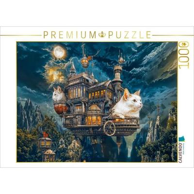 CALVENDO Puzzle Zwei Katzen auf fliegender Steampunk Villa über Bergschlucht | 1000 Teile Lege-Größe 64x48cm Foto-Puzzle für glückliche Stunden