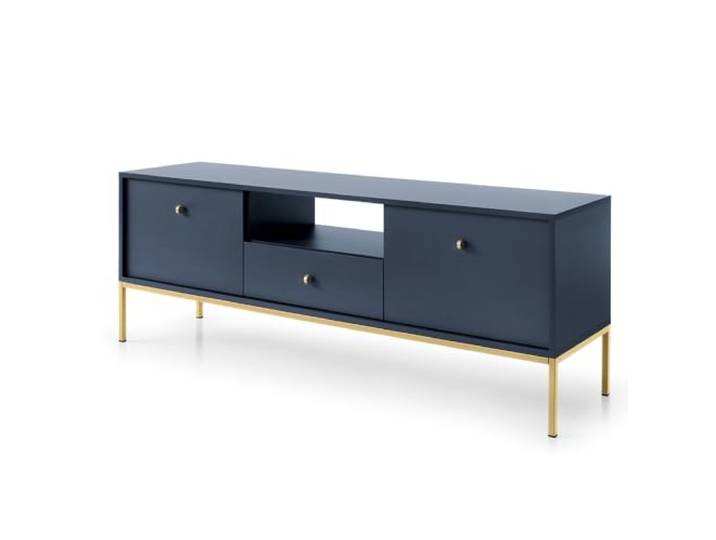 Lowboard Fernsehschrank in blau, Fußgestell goldfarben, Griffe goldfarben