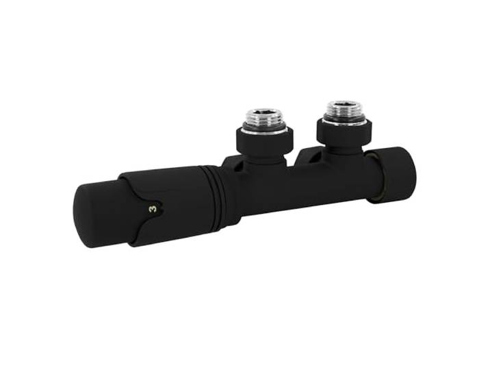 LuxeBath Ventil-Armaturen Set Multiblock Schwarz Eckform Rohre aus Wand mit Thermostatkopf für Badheizkörper Mittelanschluss Anschlussgarnitur Anschlussarmatur Hahnblock Heizkörperventil Eckausführung