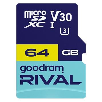 Goodram microSDXC 64GB V30 UHS I U3 RIVAL + adapter (64 GB, microSDXC, U3, UHS-I) (GGSM3AA-0640R12)