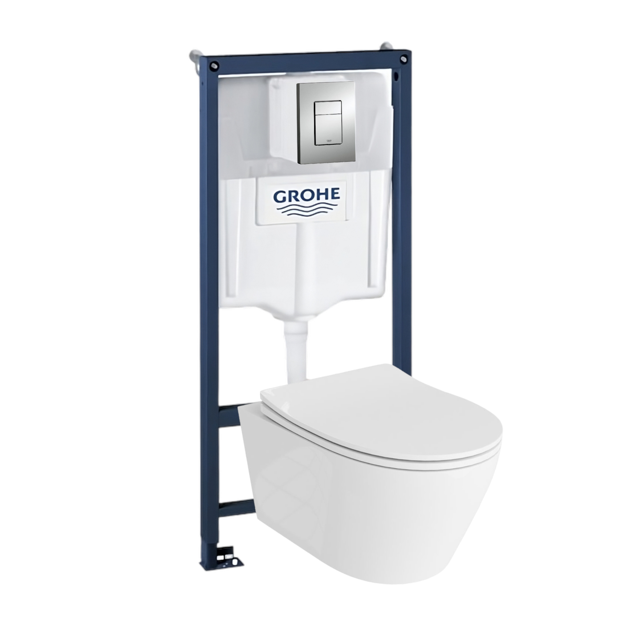 LAVITA Wand Hänge WC Praia Weiß Spülrandlos + WC-Sitz SoftClose | Matt Verchromter Knopf | Komplettset | Unterputz Spülkasten | Toilette Komplett Sett |