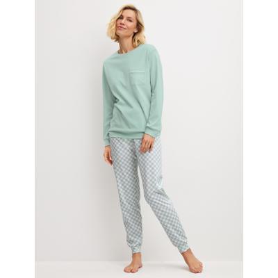 Schlafanzug CALIDA "Sweet Dreams", Damen, Gr. M (44/46), light aqua, Interlock, Obermaterial: 100% Baumwolle, bequem lang, Rundhals, angesetztes Bündchen, Homewear-Sets Schlafanzug, Langarm, Rundhals, Interlock-Qualität, weich, bequem
