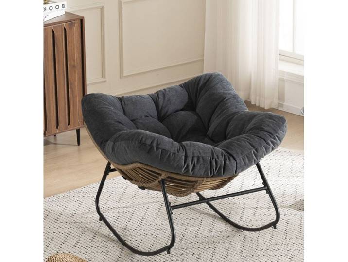 Modenuit Fauteuil à bascule 1 place en chenille noire structure métal chaise relax intérieure