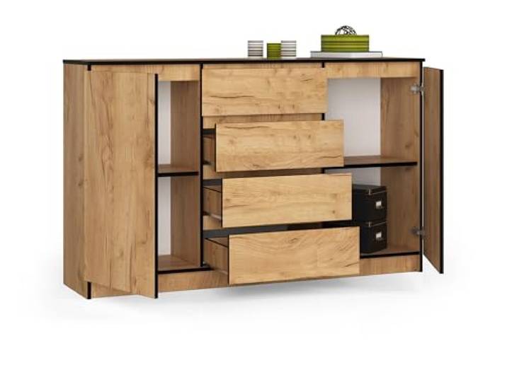 BDW K160 Kommode - Abriebfeste Laminatplatte - ABS-Kanten - Minimalistisches Design - Universell einsetzbar - Einfache Montage - 2 Türen, 4 Schubladen - 160 cm - Craft Eiche
