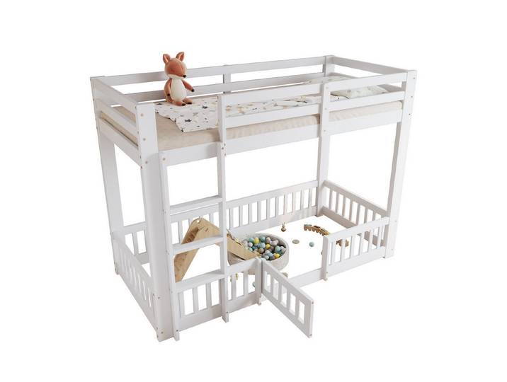 OKWISH Etagenbett Kinderbett (sicherer Schlafplatz mit rechtwinkliger Treppe, Spielraum unter dem Bett, Holzbett aus Kiefernholz mit Tür und Geländer, 90x200cm), ohne Matratze