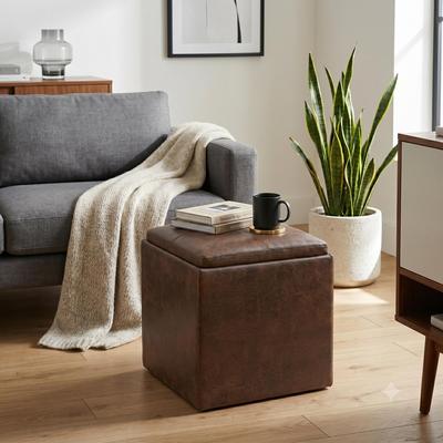 WyndenHall Townsend 24 inch Wide Contemporary Square Storage Ottoman with Tray Top in Distressed Vegan Leather