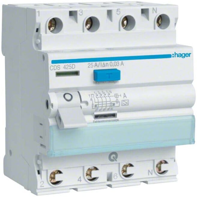 Hager Disjoncteur différentiel 4 pôles 25A/30mA, 6kA, QC CDS425D (CDS425D)