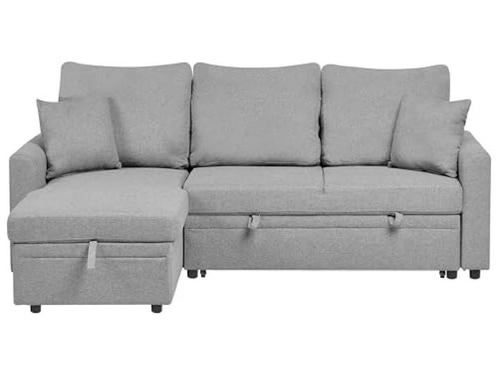Beliani Eckschlafsofa 3-Sitzer Grau Kunstleinen L-förmig Ecksofa Stoff, Für 3 Personen, Nach aussen gebogen, Schaumstoff-Füllung, Sprungfedern, Landhausstil, Sitzhöhe 42 cm, Mit Stauraum