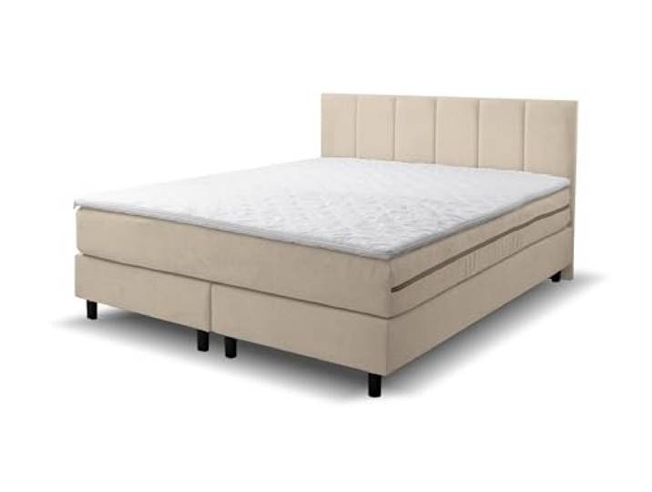 VENASI MÖBEL Boxspringbett 140x200, Paris Doppelbett Beige Velourstoff Bett 140x200, Doppelbett mit Komfortschaumkern-Topper (4 cm) für extra Liegekomfort