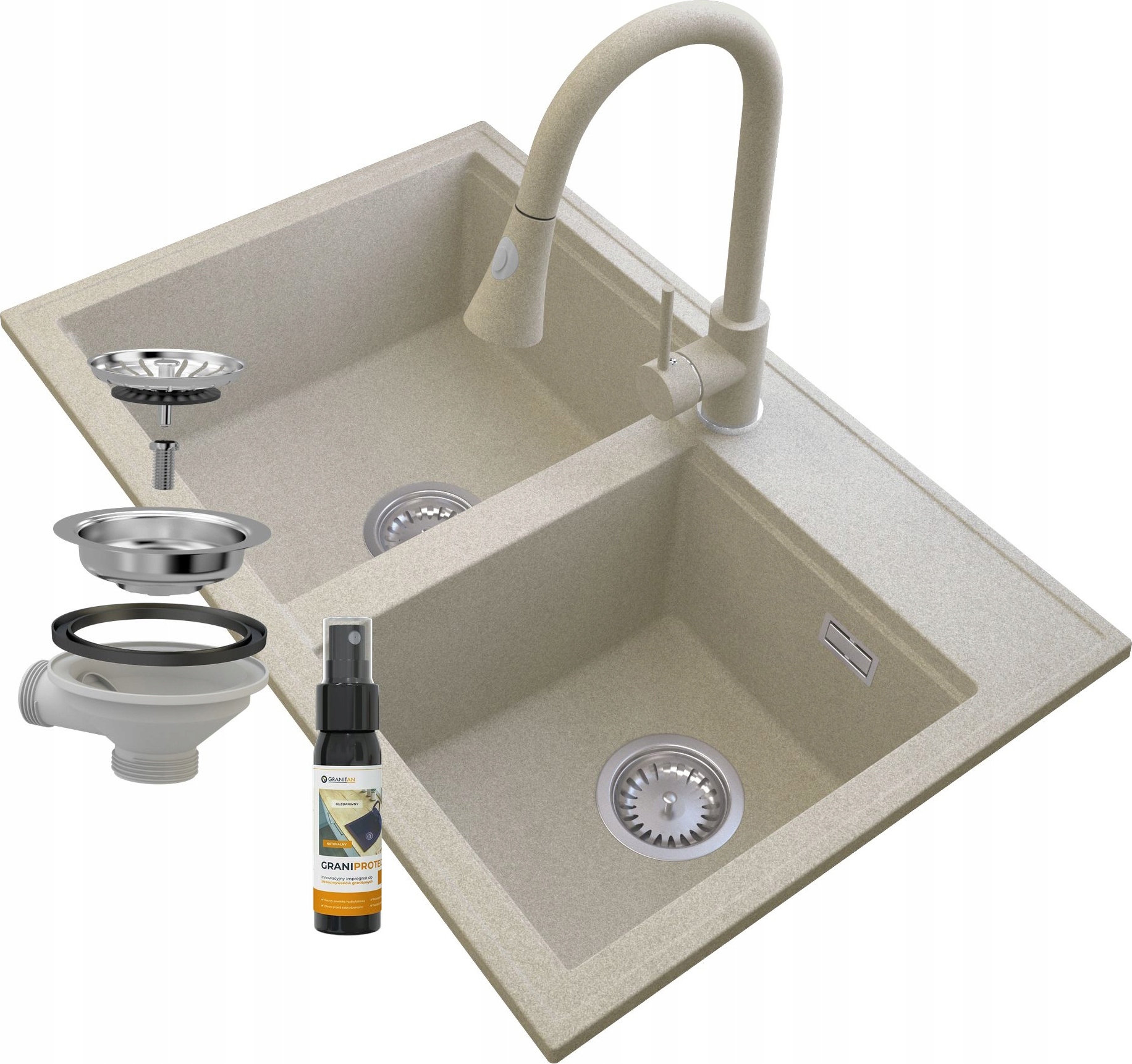 Granitan - Granitspüle - Küchenspüle - Beige - mit Armatur und Siphon - Spülbecken - HEKTOR