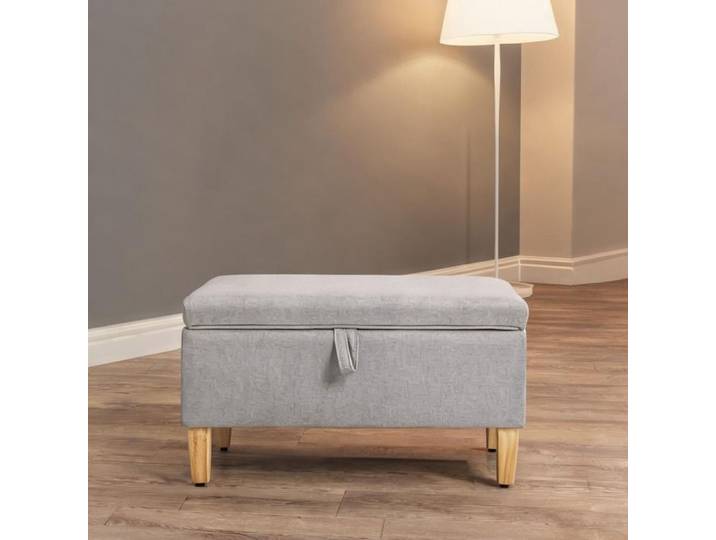 Banc coffre rembourré 71x37x36 cm bois d'hévéa et revêtement gris doux intérieur spacieux