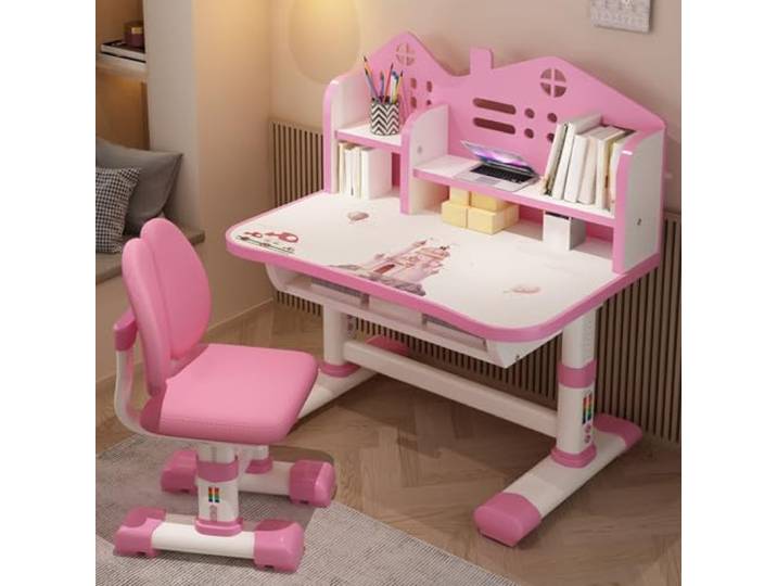 Kinderschreibtisch Rosa - Kinder-Studientisch und Stuhl-Set, Rutschfest Stabil, Schützt das Augenlicht, Geeignet für Jungen und Mädchen
