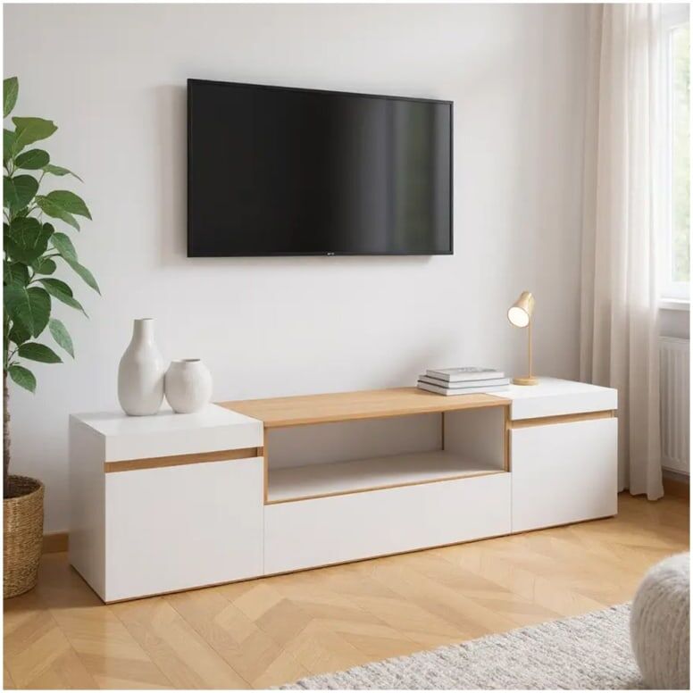 duehome Mueble tv con almacenamiento 203 cm blanco - roble arena