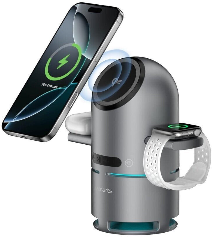 4smarts ChargeBot Sound 3-in-1 Trådløs Oplader m. Indbygget Bluetooth Højtaler - Smartphone / Smartwatch / AirPods - MagSafe / Qi2 Kompatibel - Grå