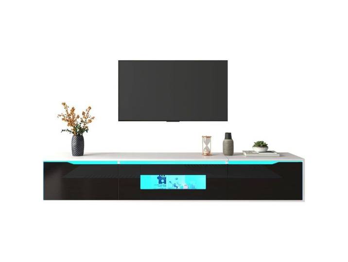 Meuble TV Bas avec LED Meuble TV Moderne avec 3 Cabinets Suspendu ou au Sol Meuble Télé de Salon 180x30x35cm Noir Brillant