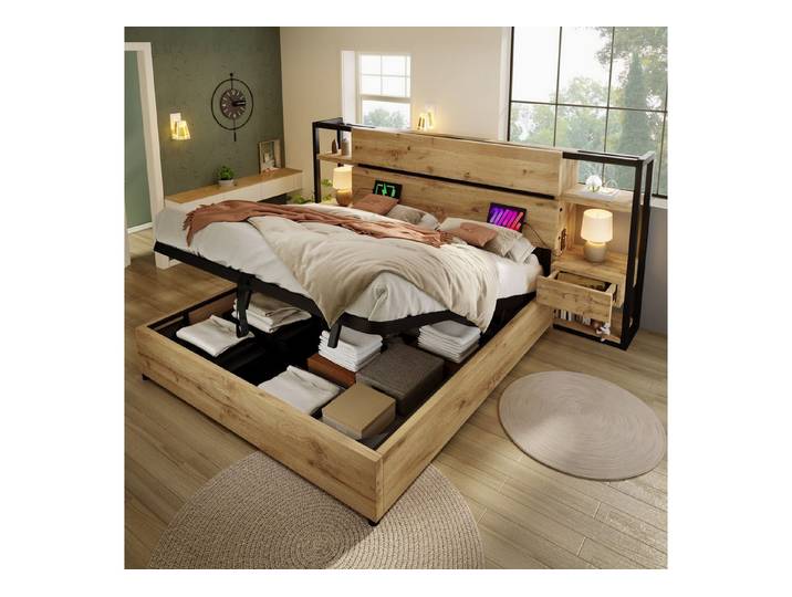 REDOM Holzbett Doppelbett im Industrie-Look (Doppelbett, 1-tlg., 180×200cm, mit Matratze (H20cm), mit USB&Type-C Ladeanschluss