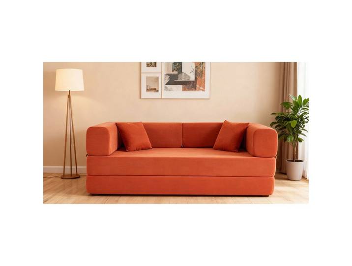 Canapé-lit convertible orange rouge velours côtelé cadre fixe oreiller cylindrique pour salon chambre