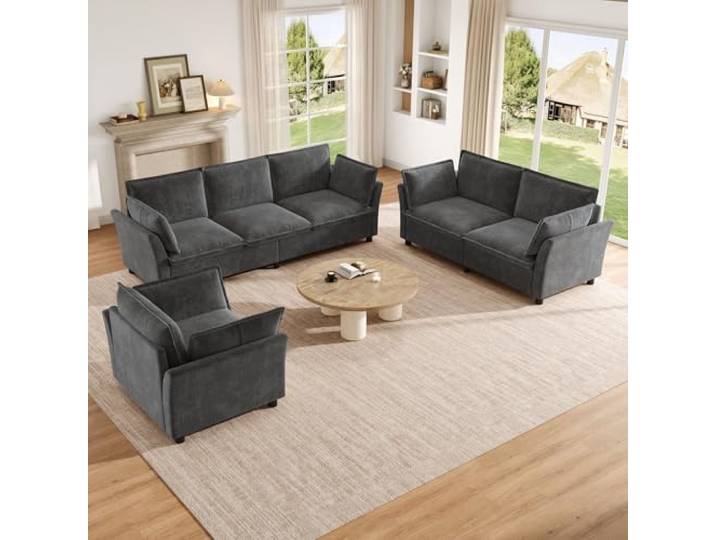 BTM Modern Sofa Set 3 2 1 Wohnzimmer Polstergarnitur mit Kissen, Cloud Modulare Sofa Couchgarnitur, Chenille, Grau