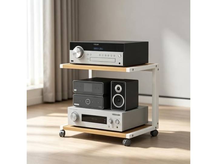 YHTCSXMD HiFi Rack mit Rollen, Offenes Audio Rack für Audiogeräte Dicke Holzablagen, Stahlrahmen und Rollen mit Fußbremse, für Wohnzimmer und Büro