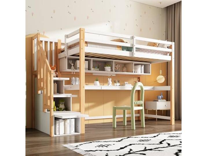 Merax Hochbett 90x200cm mit großen Schreibtisch und Regale, Kinderbett mit Sicherheitsleiter, Etagenbett mit Stauraum für Jungen, Mädchen, Natürlich und Weiß (Ohne Matratze)