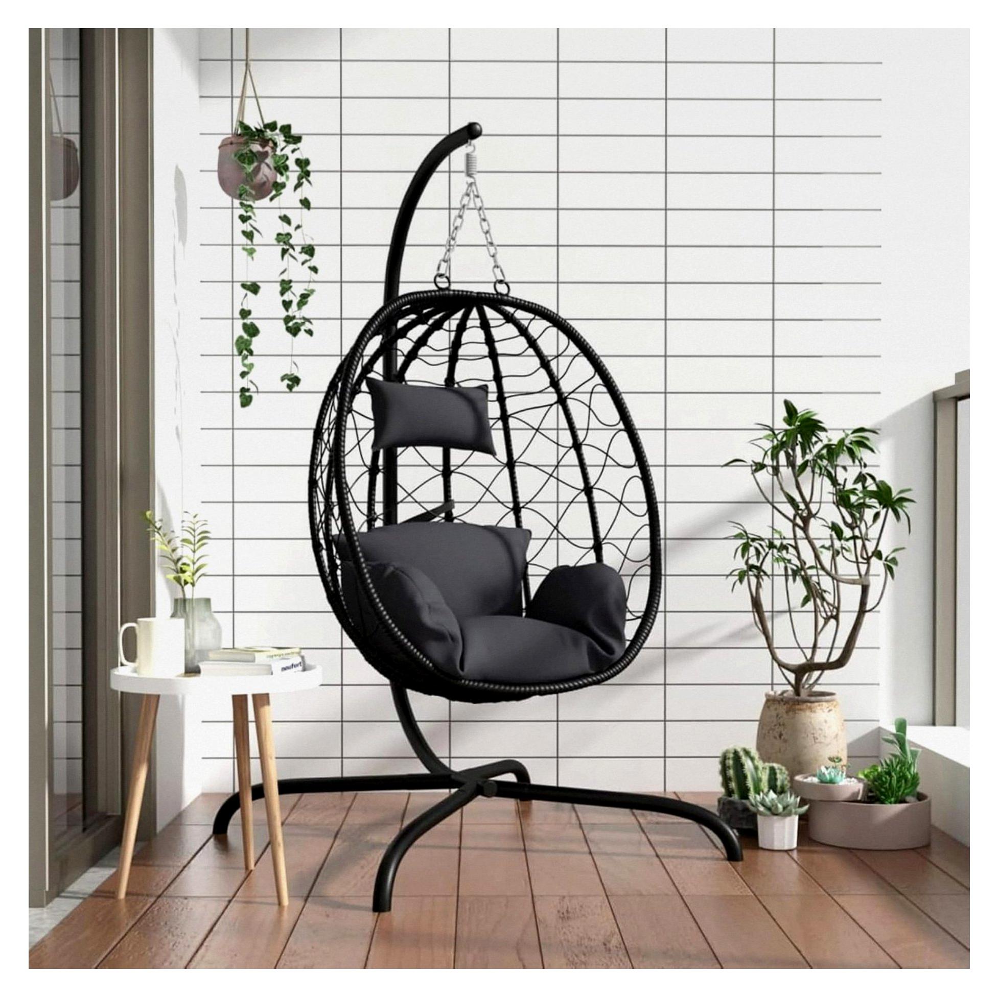 Hängesessel mit Kissen in Anthrazit - Entspannte Stunden im Garten oder auf der Terrasse genießen aus PE-Rattan & Stahl, Bequem & Stabil für Freizeit & Erholung