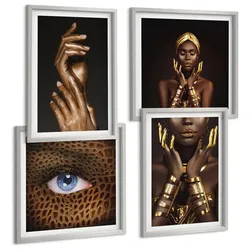 BILDER SET 4er Set - 50x50 cm & 40x60 cm Silberner Rahmen - Künstlerische Porträts von Frauen