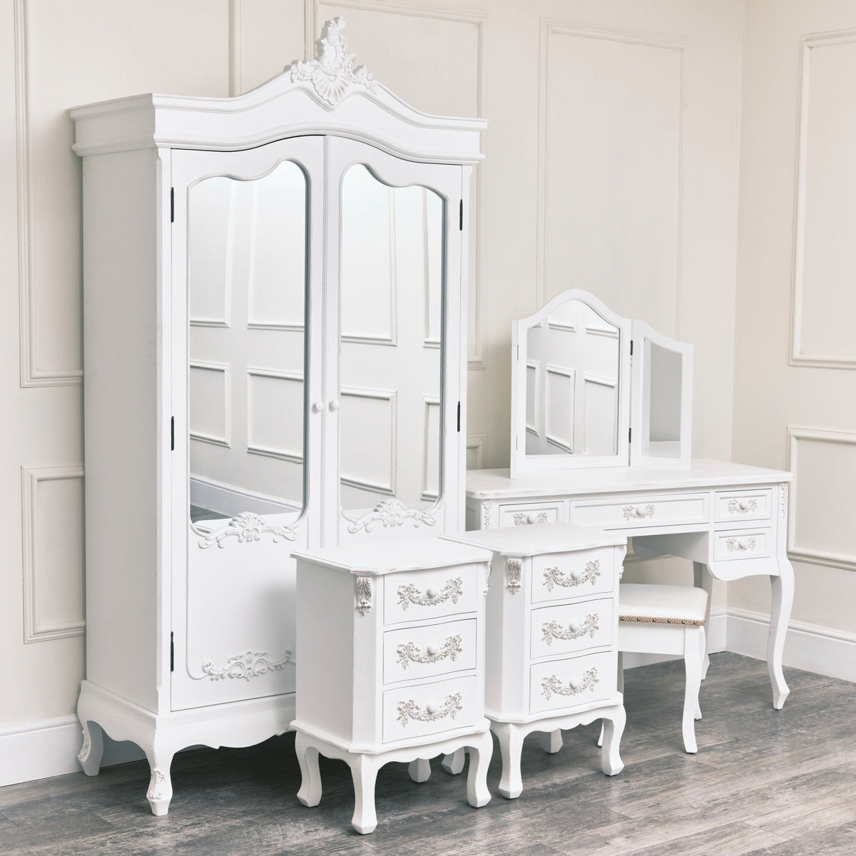 Large Double Wardrobe, Dressing Table Set & Pair of 3 Drawer Bedside Tables - Pays Blanc Range Wood, Glass