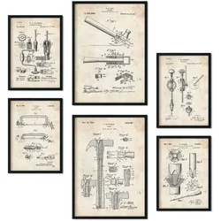 POSTER Set Mit 6 Plakaten Mit Bauwerkzeuge 2 Patenten Im Vintage Stil A3 & A4 Rahmenlos