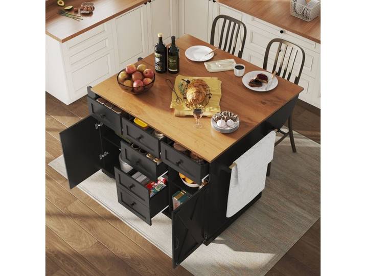 Îlot de cuisine avec grand rangement desserte multifonctionnelle sur roulettes finition effet bois meuble de service mobile noir
