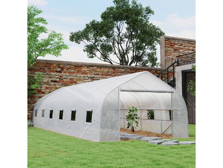 Outsunny Serre Tunnel Grande Taille 8x3x2m Acier PE Blanc