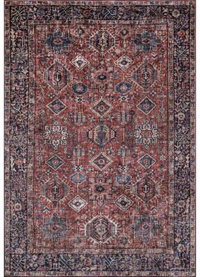 Momeni Karachi Bordered Oriental Red and Blue Polyester Area Rug.