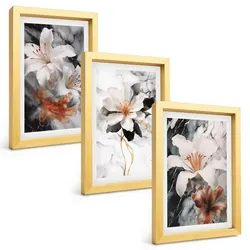 BILDER SET 3er Set - 20x30 cm Goldrahmen - Blumen Marmor weiß schwarz