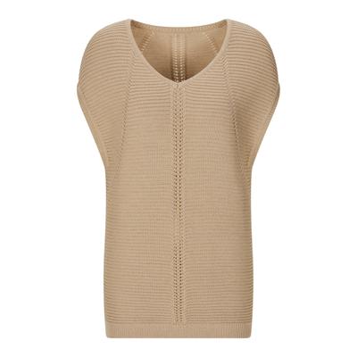 Rundhalspullover GOLDNER "Kurzgröße Rippstrickpullover mit V-Ausschnitt", Damen, Gr. 20, beige, Obermaterial: 44% Baumwolle CO. 44% Polyacryl PAN. 12% metallisierte Fasern MTF., gerade, V-Ausschnitt, Pullover Rundhalspullover, gold farbiges Garn mit...