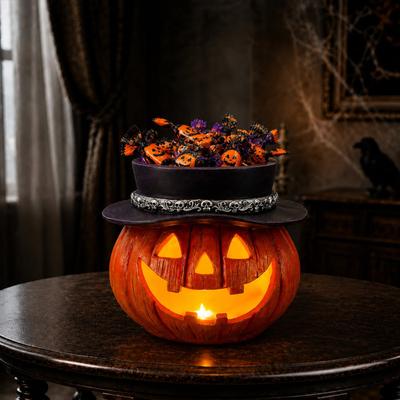 Kodotan sofa Halloween Pumpkin Candy Bowl with Witch Hat, Light Up Jack O Lantern Decoration, Spooky Tabletop Storage Container