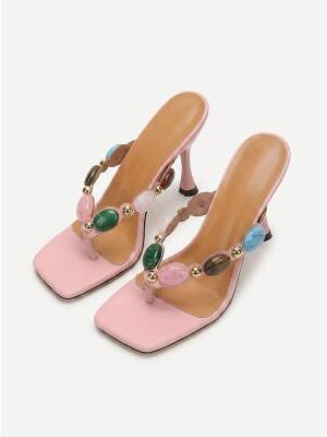 LightInthebox Women's Jeweled High Heels - Luxury Bohemian Thong Sandals with Colorful Gemstones Flare Heel for Resort Dinners, Summer Galas Tropical Evening Parties