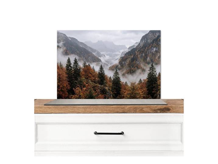 KitchenYeah Küchenrückwand Berge - Tal - Nebel - Herbst - Natur, (1-tlg), Spritzschutz Herd Wand, Küchen Deko, 120x80 cm