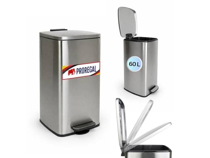 PROREGAL Mülleimer Küche Bad 60L, Abfalleimer mit Softclose & Stay-Open Deckel, Fußpedal & Inneneimer Stahl, Silber rechteckiger Treteimer mit Inneneimer, Tretmülleimer 60 Liter