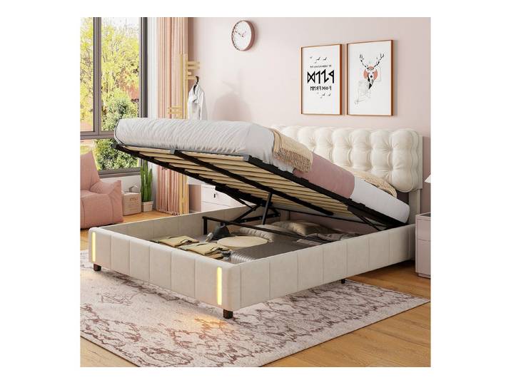 Simurq Polsterbett Boxspringbett 140 x 200,Doppelbett mit Bewegungsmelderleuchte (Doppelbett 140x200 cm,Lattenrost), Hydraulisch Stauraumbett,Samt, Beige