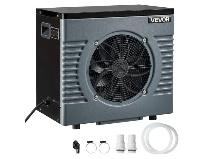 Pompe à chaleur pour piscine VEVOR 4920 W\, chauffage électrique pour piscines hors sol jusqu'à 18 m³\, COP max. 5\,29\, silencieuse\, disjoncteur différentiel\, température de chauffage 15-40 °C\, mode chauffage et refroidissement\, échangeur thermique