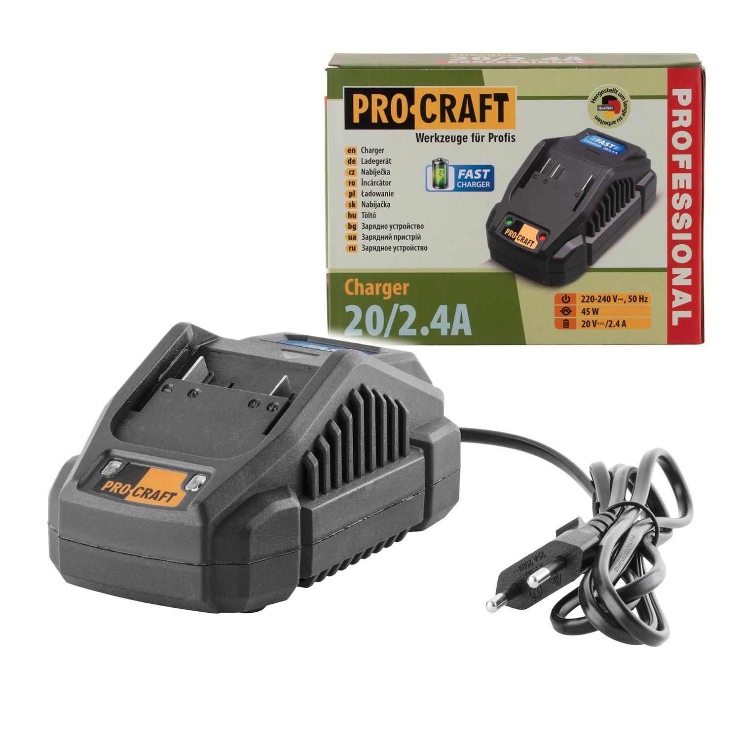 Procraft 20V 2,4A oplader voor Li-ion accu's