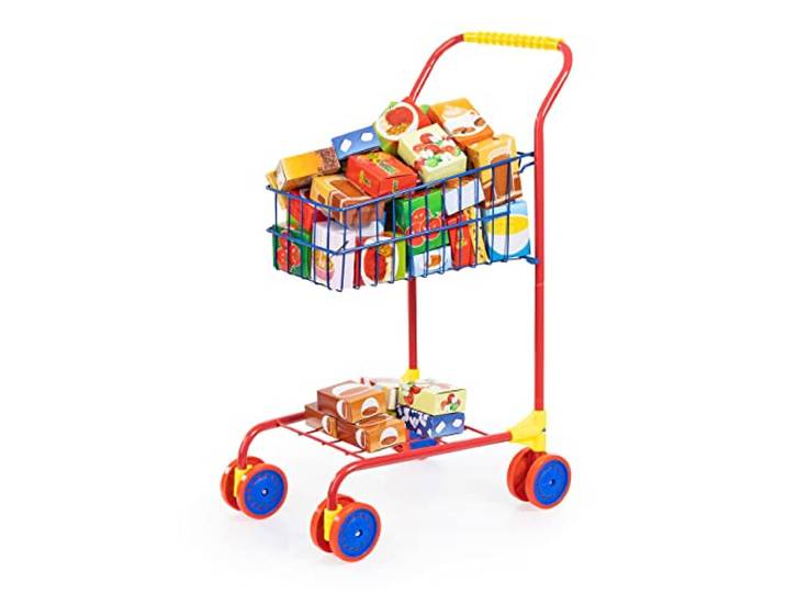 Bayer Design 75002AA Speelgoedwinkelwagen voor kinderen met kartonnen voedsel, boodschappenwagen