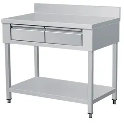 Ristoattrezzature Edelstahltisch auf Beinen mit 2 Schubladen, Bodenplatte und Spritzschutz 160x60x95h cm - VS