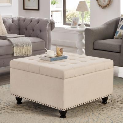 TOSWIN Large square storage ottoman with wooden legs, Upholstered button tufted with nail trims for Living Space.