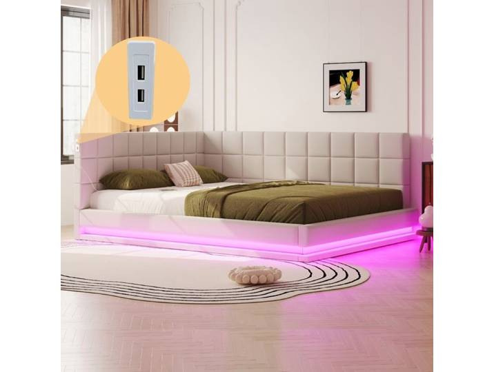 Lit de jour Lit plat Lit Banquette 160x200cm rembourré velours LED+USB lattes Beige