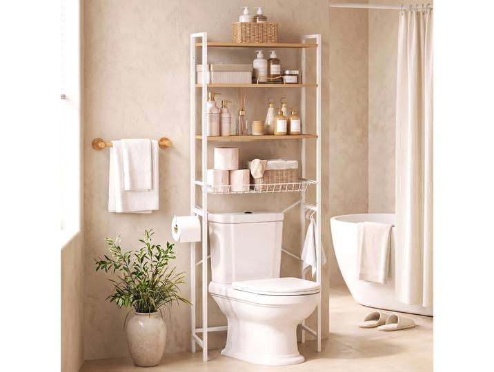 HOMCOM Meuble WC Chêne 3 Niveaux Porte-Rouleau Panier Extractible