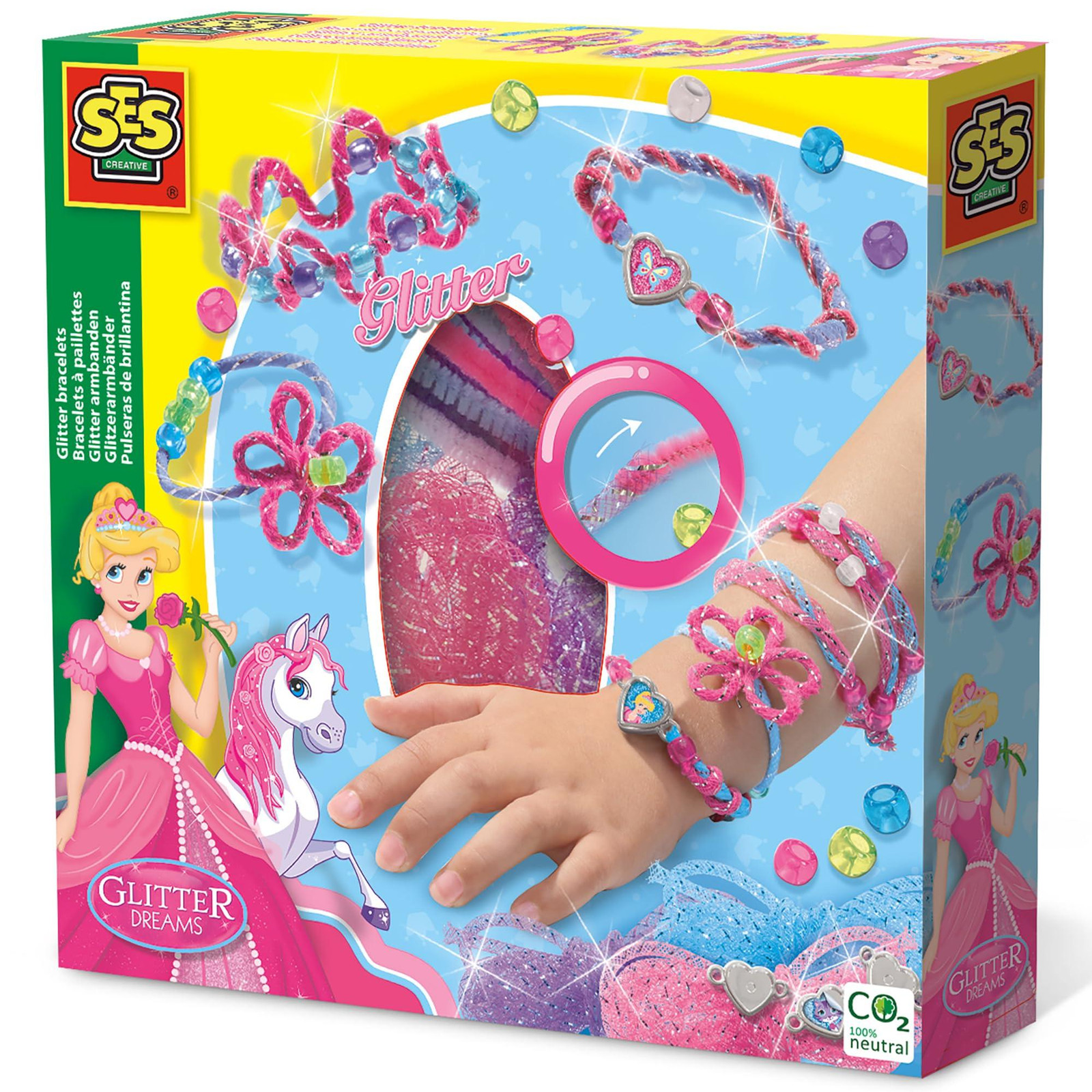 SES Creative Glitter Dreams Knutselset voor Glitterarmbandjes, Blauw, Roze en Paars